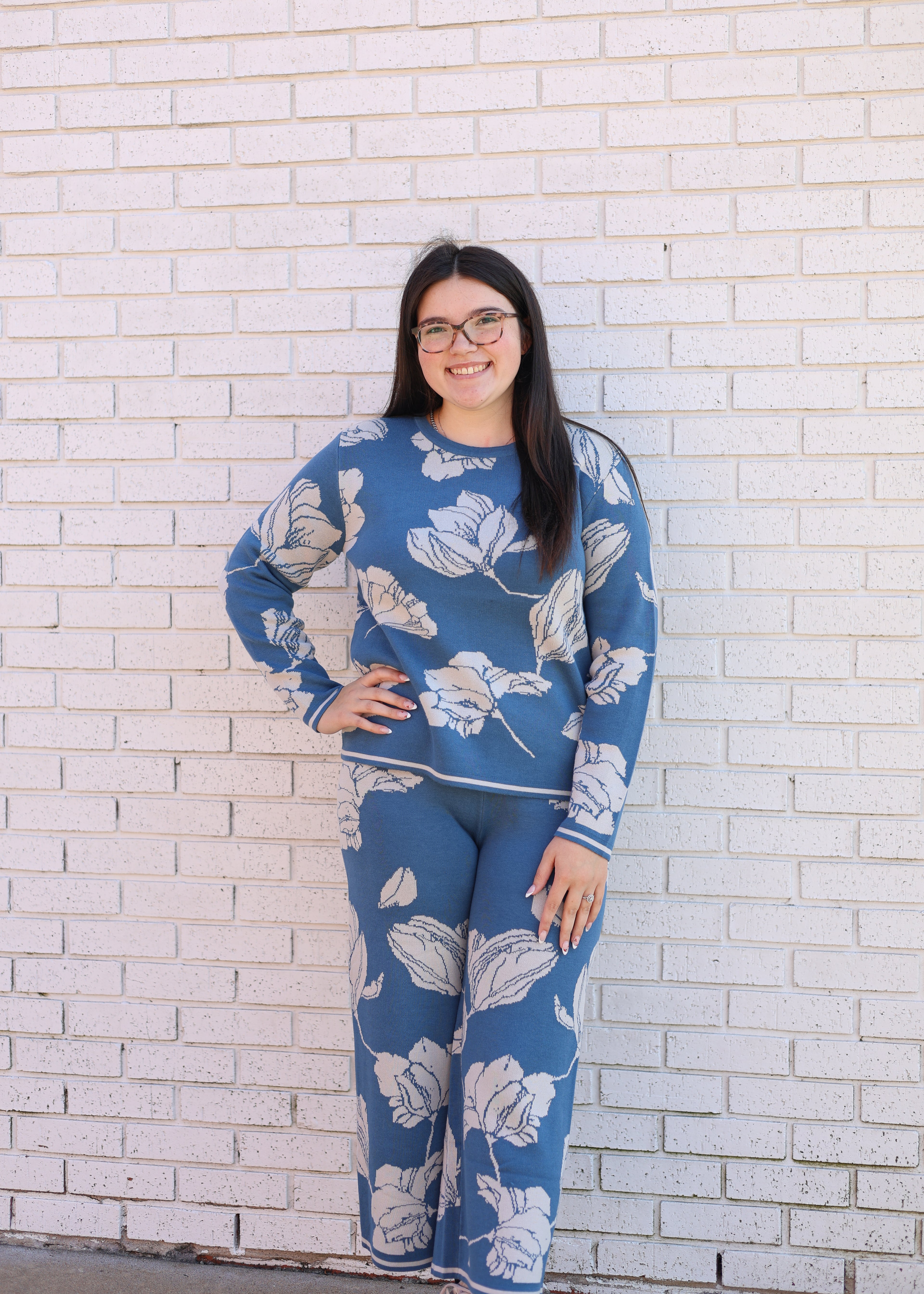 BLUE JACQUARD 2PC SWEATER & PANT SET