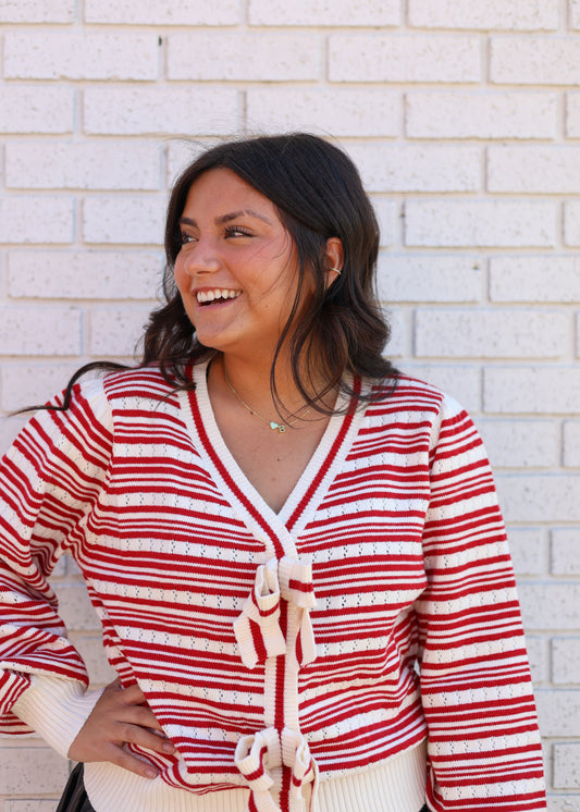 RED & CREAM STRIPE CARDIGAN WITH BOWS ON FRONT