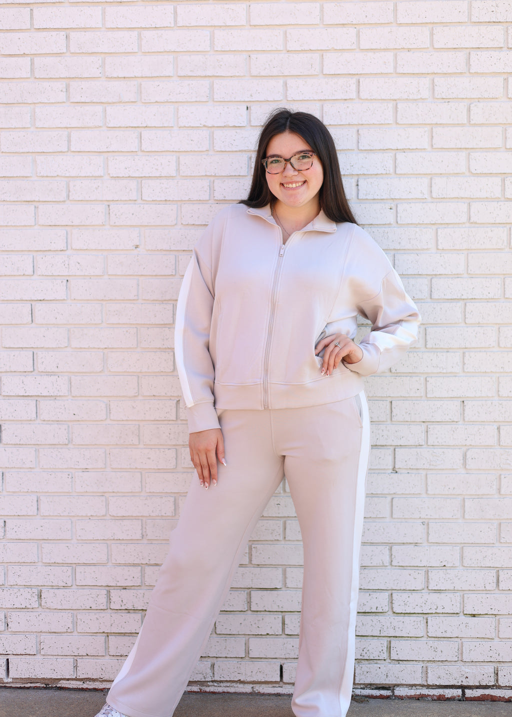MOCHA CREAM W/CREAM CONTRAST TRIM 2 PC JACKET & PANT SET