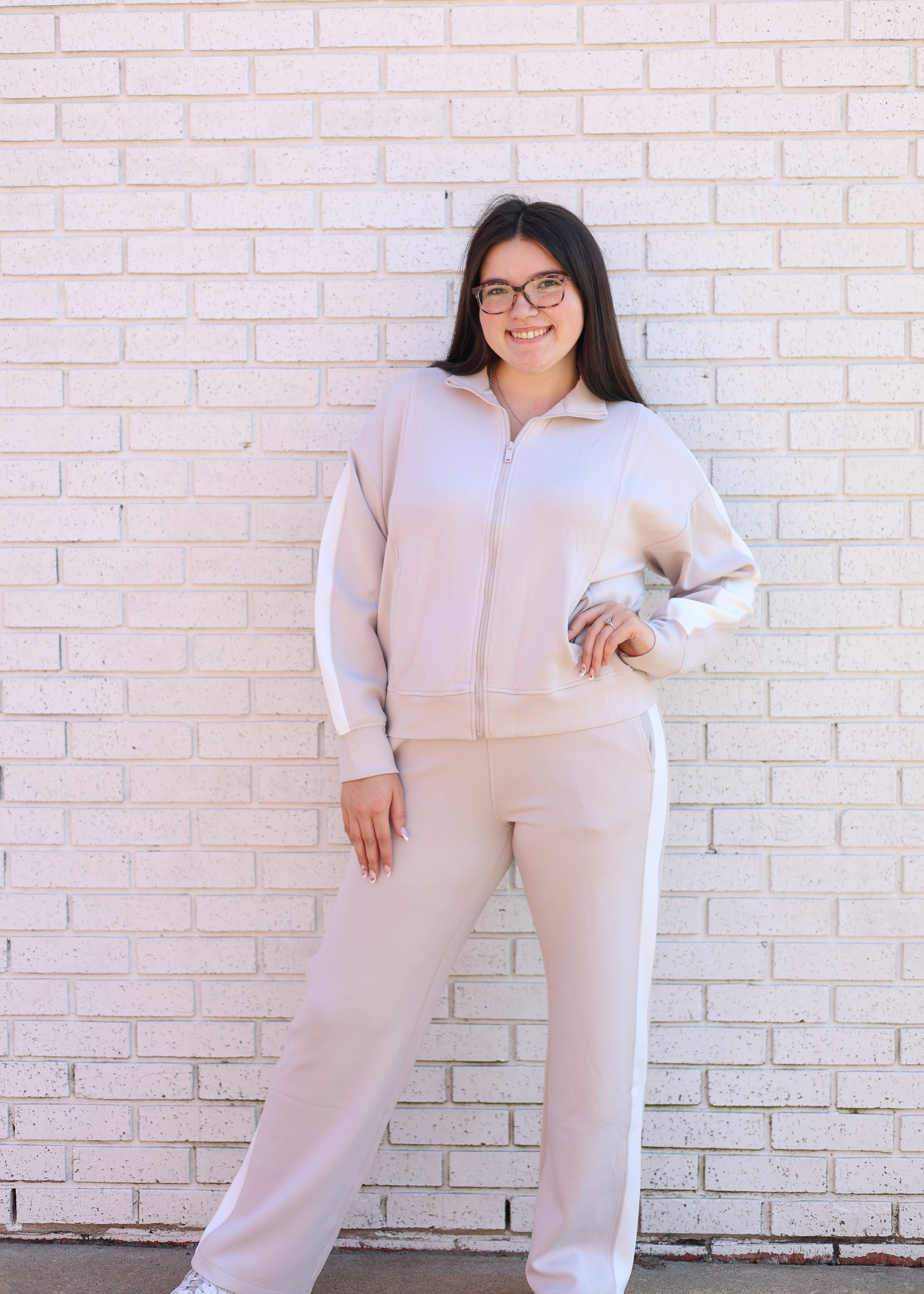 MOCHA CREAM W/CREAM CONTRAST TRIM 2 PC JACKET & PANT SET