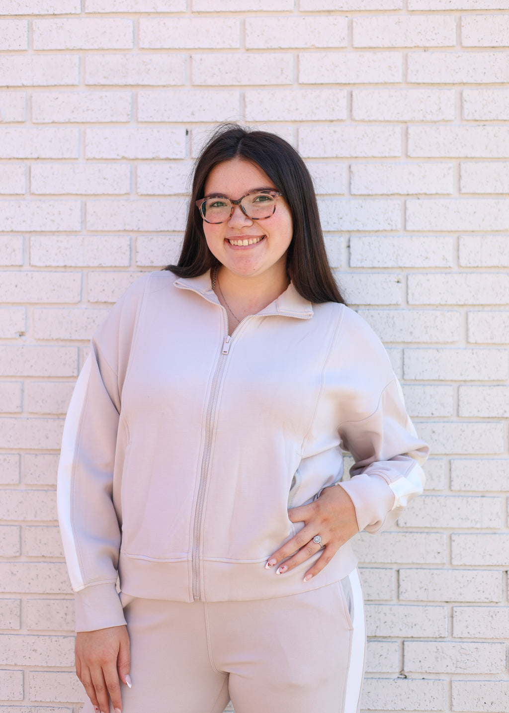 MOCHA CREAM W/CREAM CONTRAST TRIM 2 PC JACKET & PANT SET