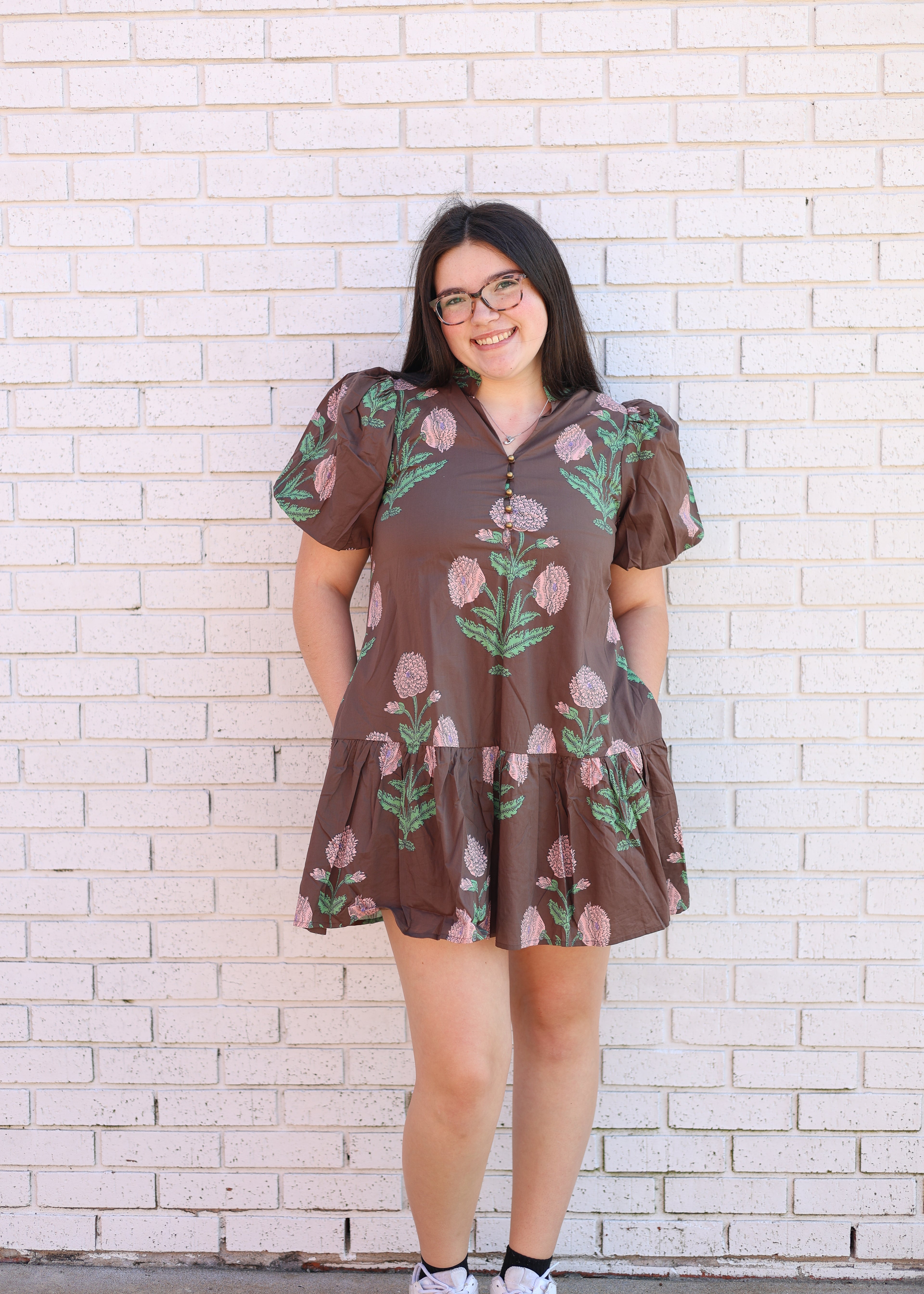 BROWN FLORAL SHORT BUBBLE SLEEVE RUFLE HEM MINI DRESS