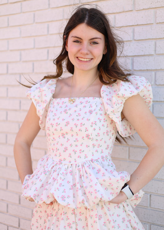 WHITE W/PINK FLORAL PUFF SLV BUBBLE HEM TOP