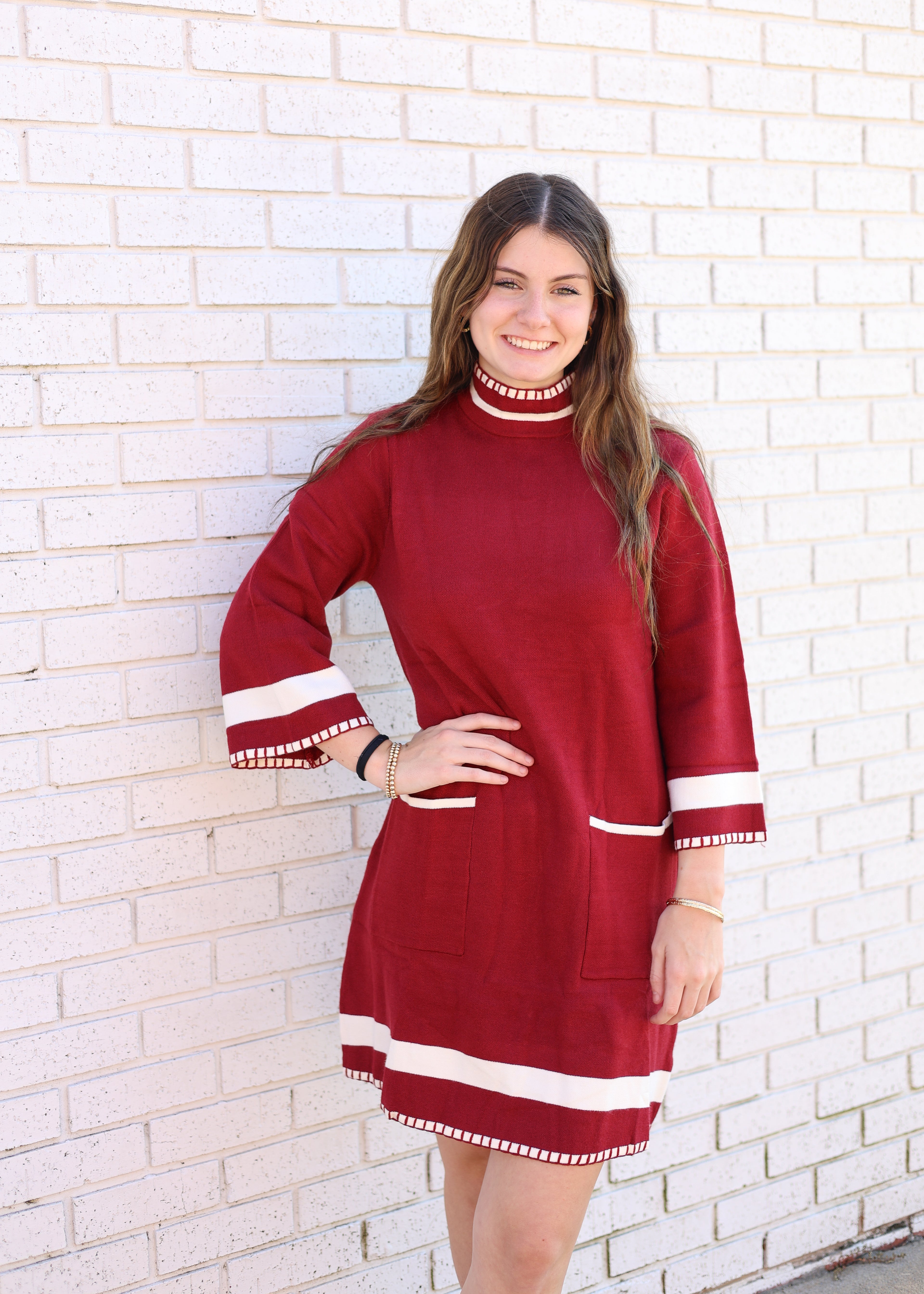 CRIMSON SWEATER DRESS WITH CRIM CONTRAST TRIM