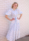 WHITE/BLUE FLORAL&STRIPE BUBBLE HEM MIDI DRESS