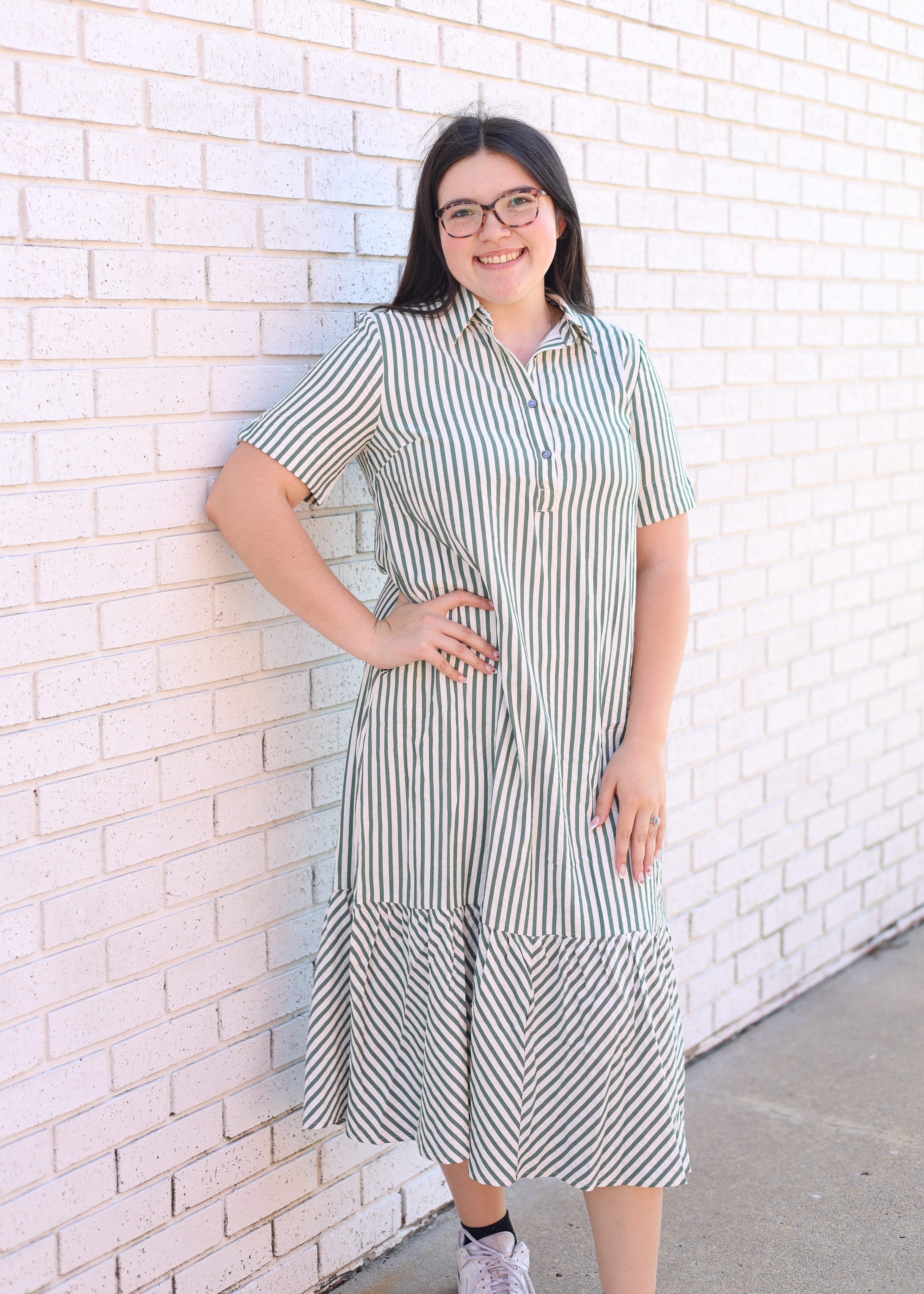 PINE STRIPED PATTERN SEERSUCKER RUFFLE HEM MIDI DRESS