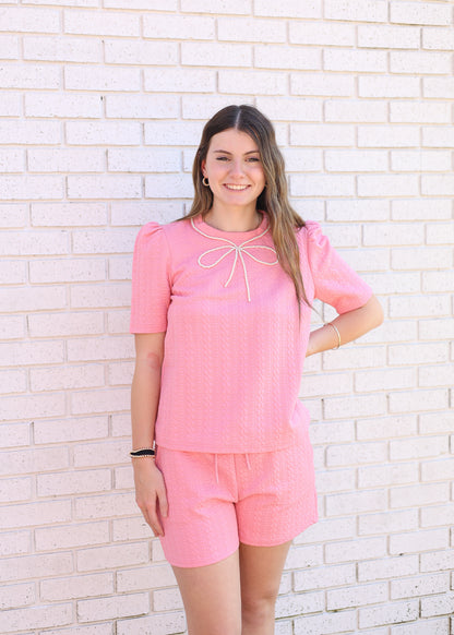 PINK W/PEARL RIBBON TRIM TEXTURED SHORT SET