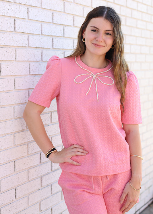 PINK W/PEARL RIBBON TRIM TEXTURED SHORT SET