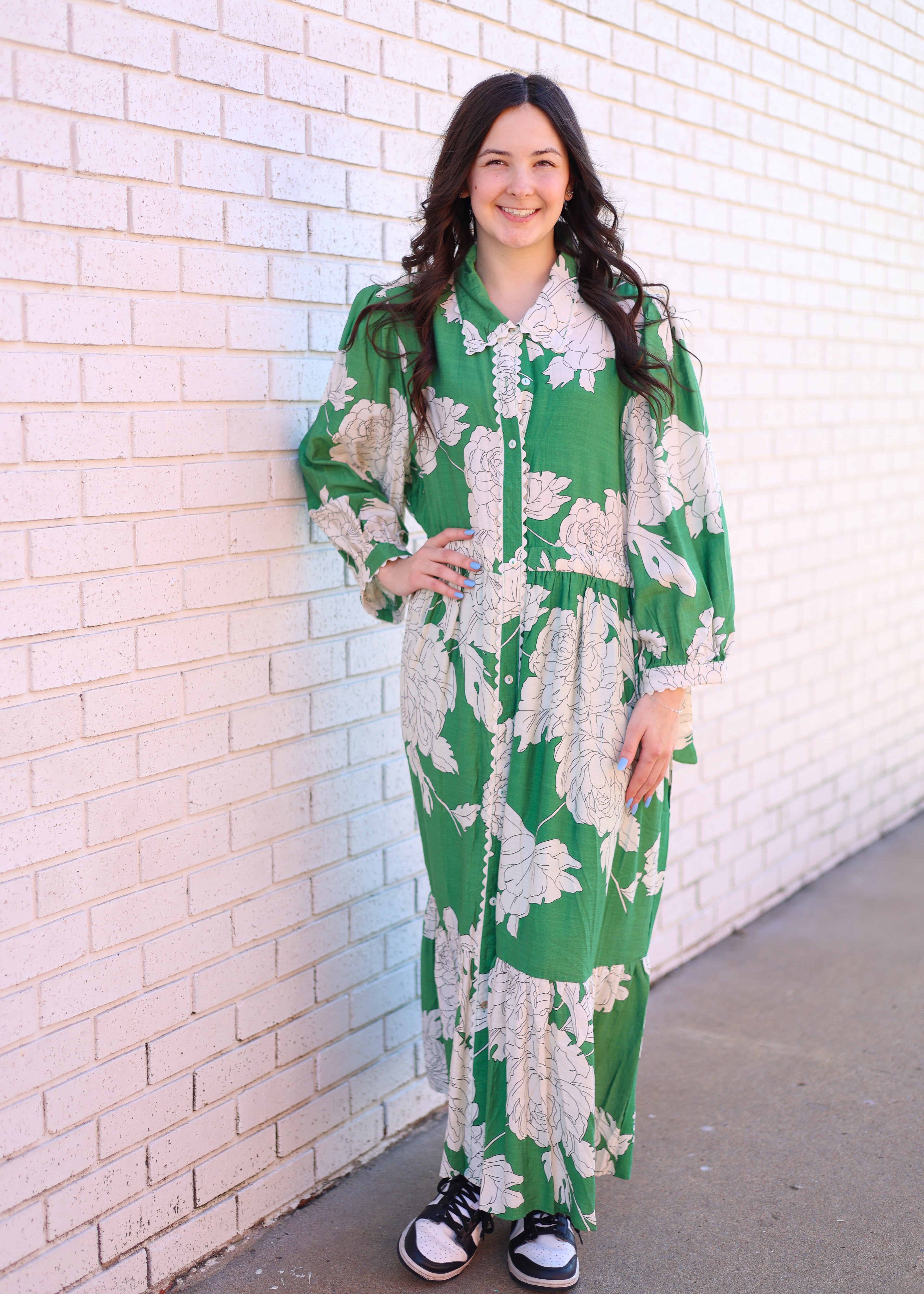 GREEN WHITE FLORAL MAXI DRESS