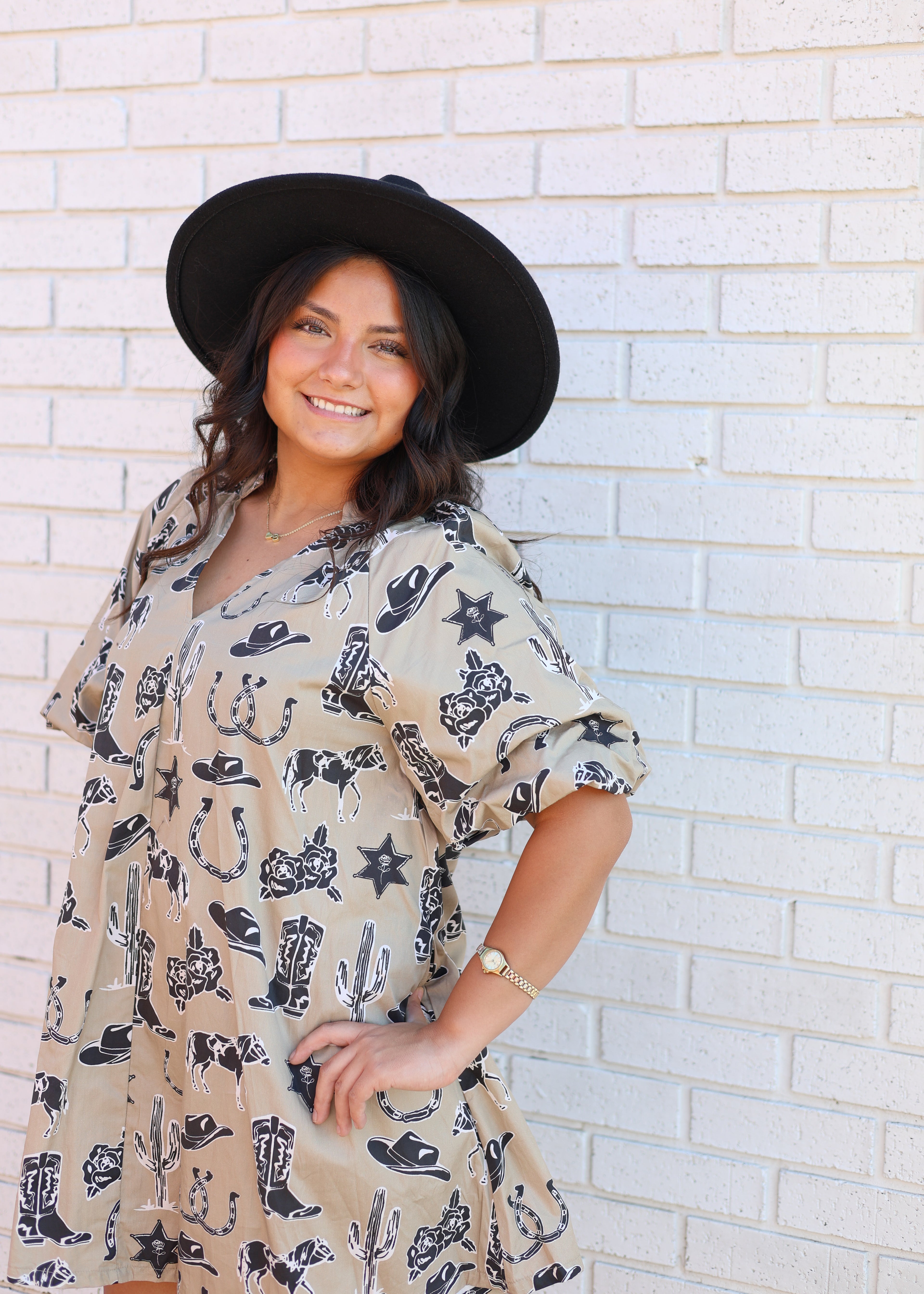 WESTERN INSPIRED NOTCHED NECK MINI DRESS COWBOY LATTE