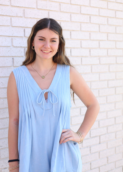 BLUE FRENCH TERRY SLEEVELESS V-NECK ROMPER
