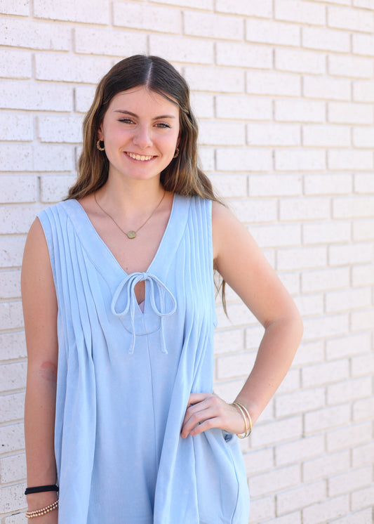 BLUE FRENCH TERRY SLEEVELESS V-NECK ROMPER