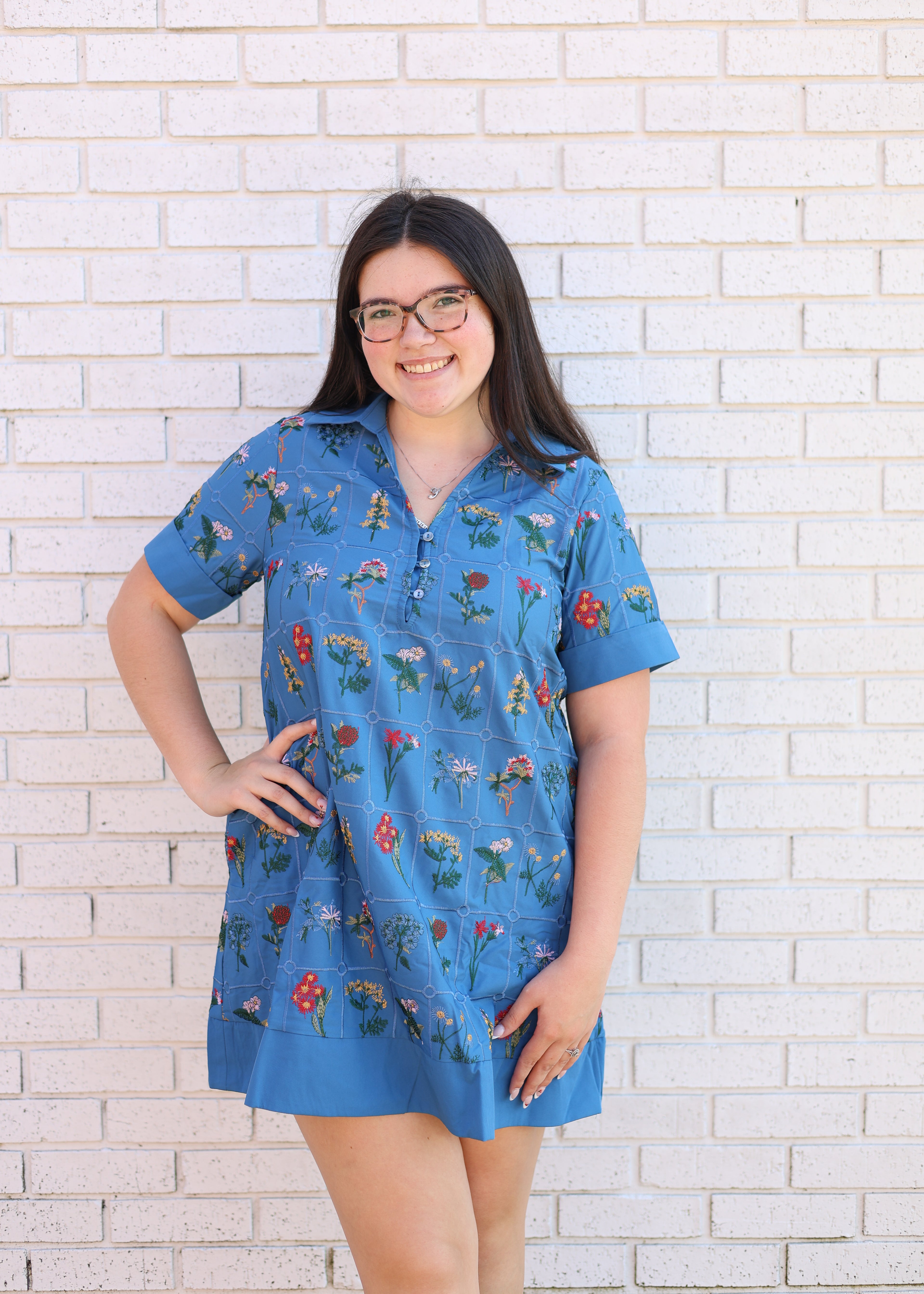 BLUE FLORAL EMBROIDERED MINI DRESS