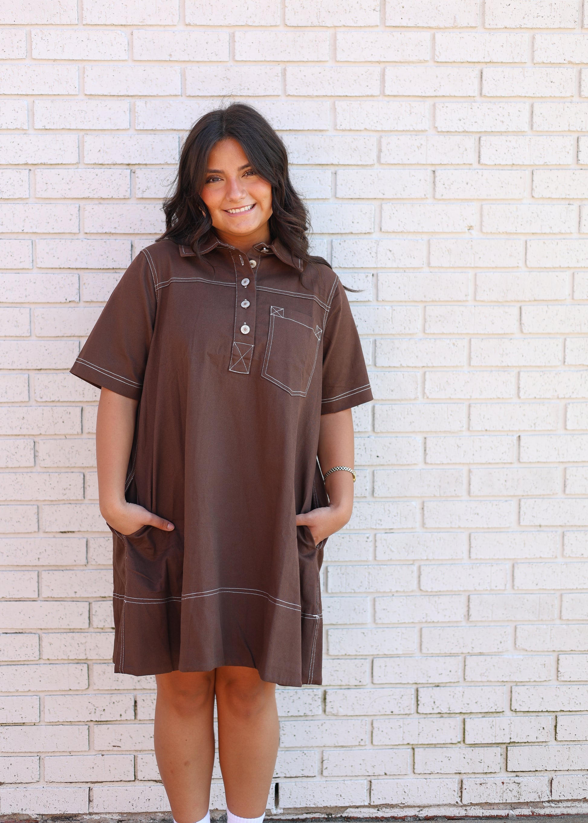 brown swing dress Brown Linen Cotton Midi Swing Shirt Dress with Notched Collar Brown / XS