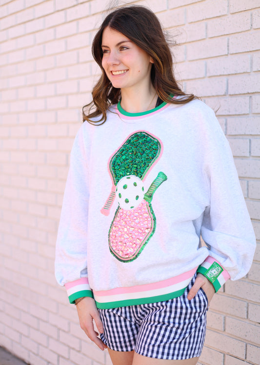 GREY GREEN AND PINK JEWELED SPORT STRIPE PICKLEBALL SWEATSHIRT