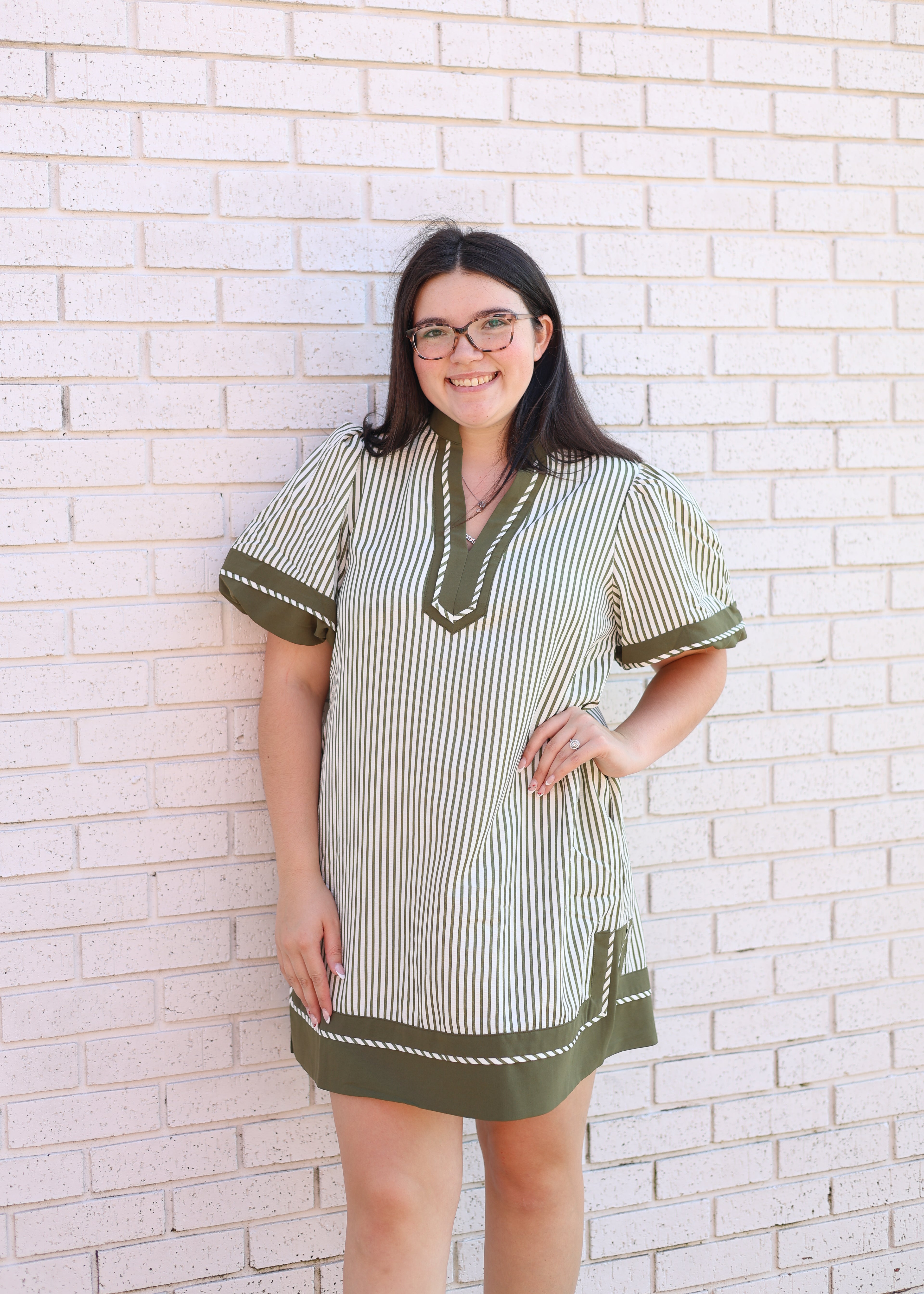 OLIVE STRIPE LANTERN SLEEVE MINI DRESS W/CONTRAST TRIM