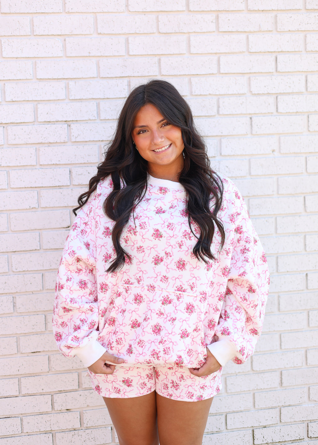 FLORAL PRINTED FLEECE TERRY 2PC SWEATSHIRT & SHORTS SET