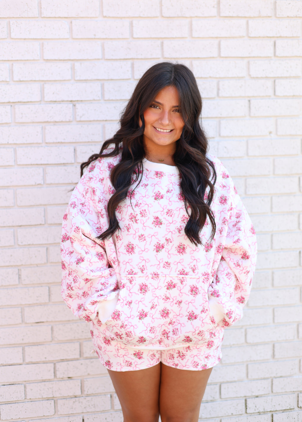 FLORAL PRINTED FLEECE TERRY 2PC SWEATSHIRT & SHORTS SET