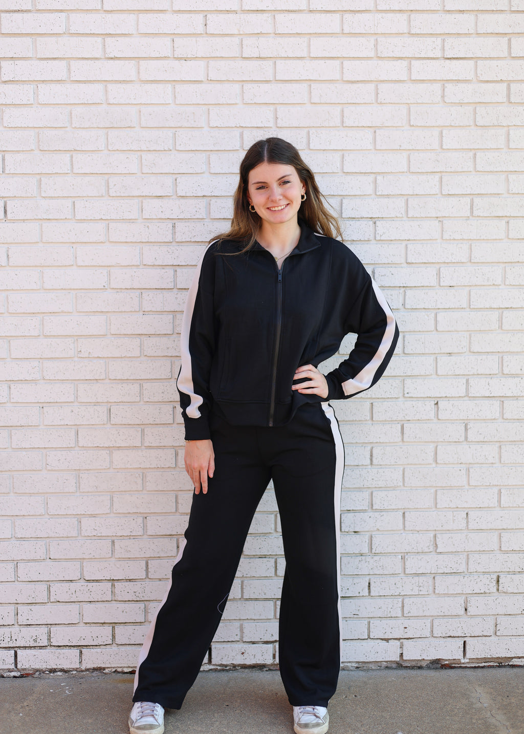 BLACK W/MOCHA CREAM CONTRAST TRIM 2 PC JACKET & PANT SET