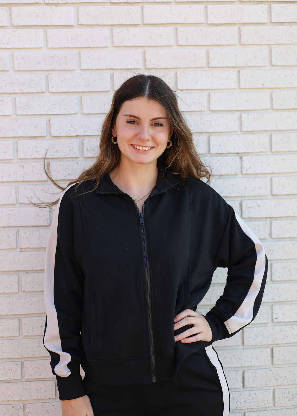 BLACK W/MOCHA CREAM CONTRAST TRIM 2 PC JACKET & PANT SET