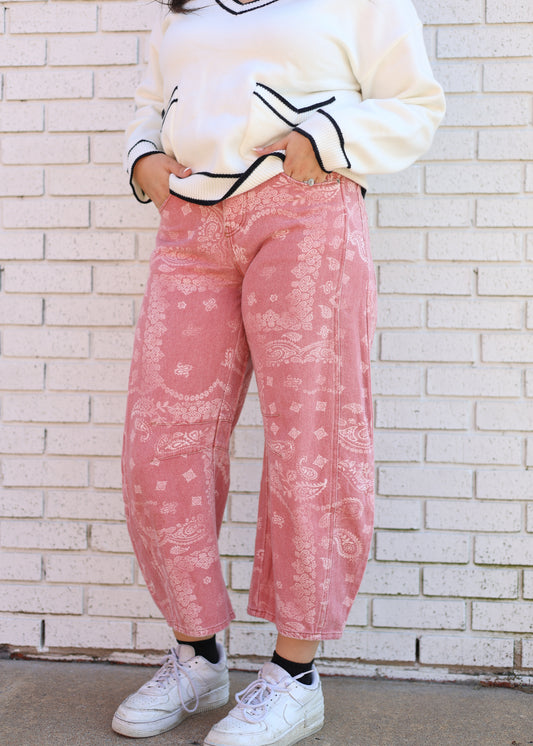 MINERAL WASHED PAISLEY PRINTED BARREL JEANS - DUSTY ROSE