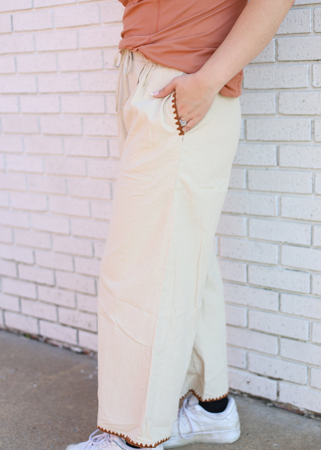 EGG SHELL LIGHT WEIGHT CORDUROY PANTS WITH BROWN EMBROUDERED TRIM