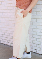 EGG SHELL LIGHT WEIGHT CORDUROY PANTS WITH BROWN EMBROUDERED TRIM