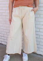 EGG SHELL LIGHT WEIGHT CORDUROY PANTS WITH BROWN EMBROUDERED TRIM