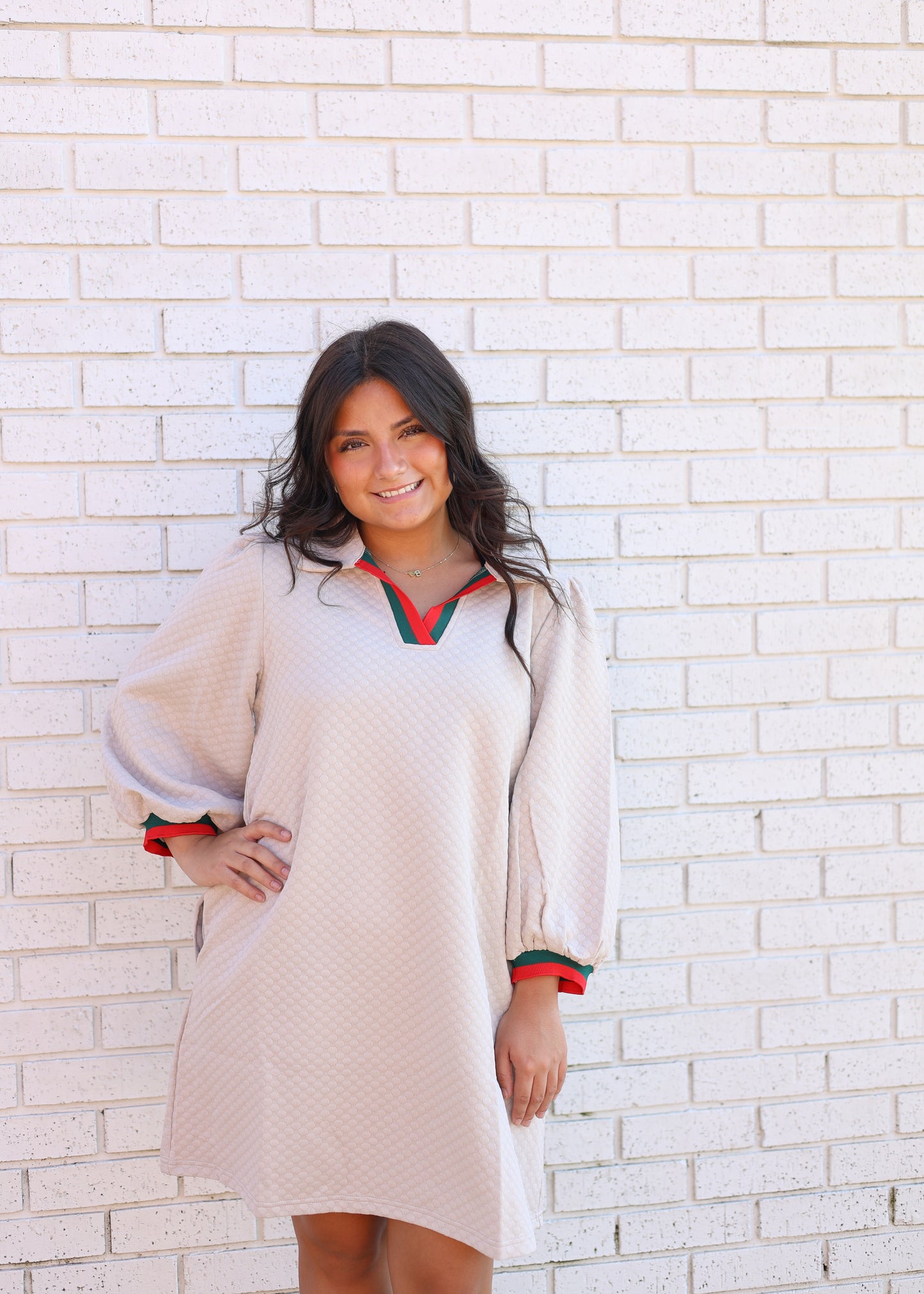 BEIGE QUILTED 3/4 SLEEVE MINI DRESS
