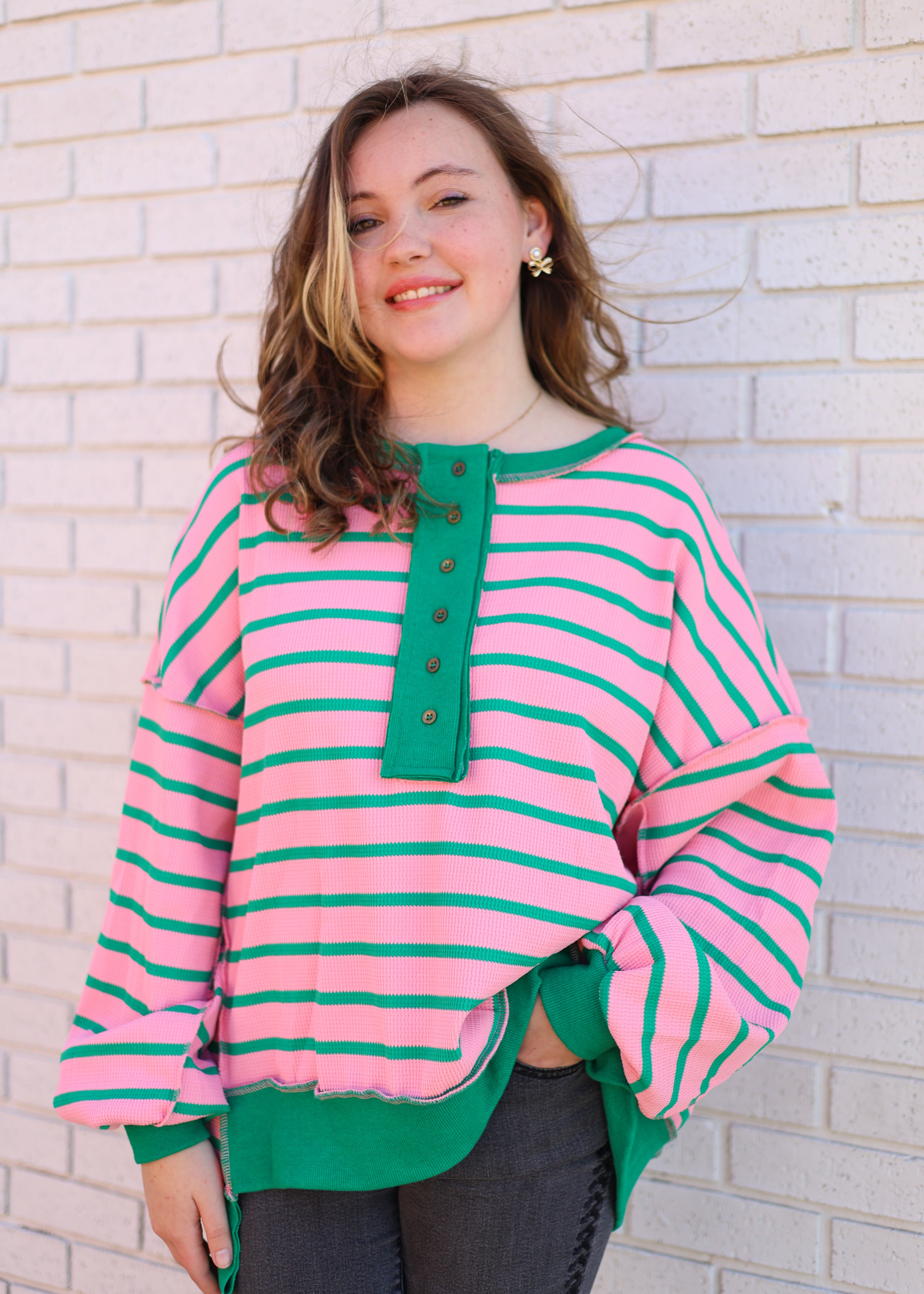 GREEN & PINK STRIPE SWEATSHIRT