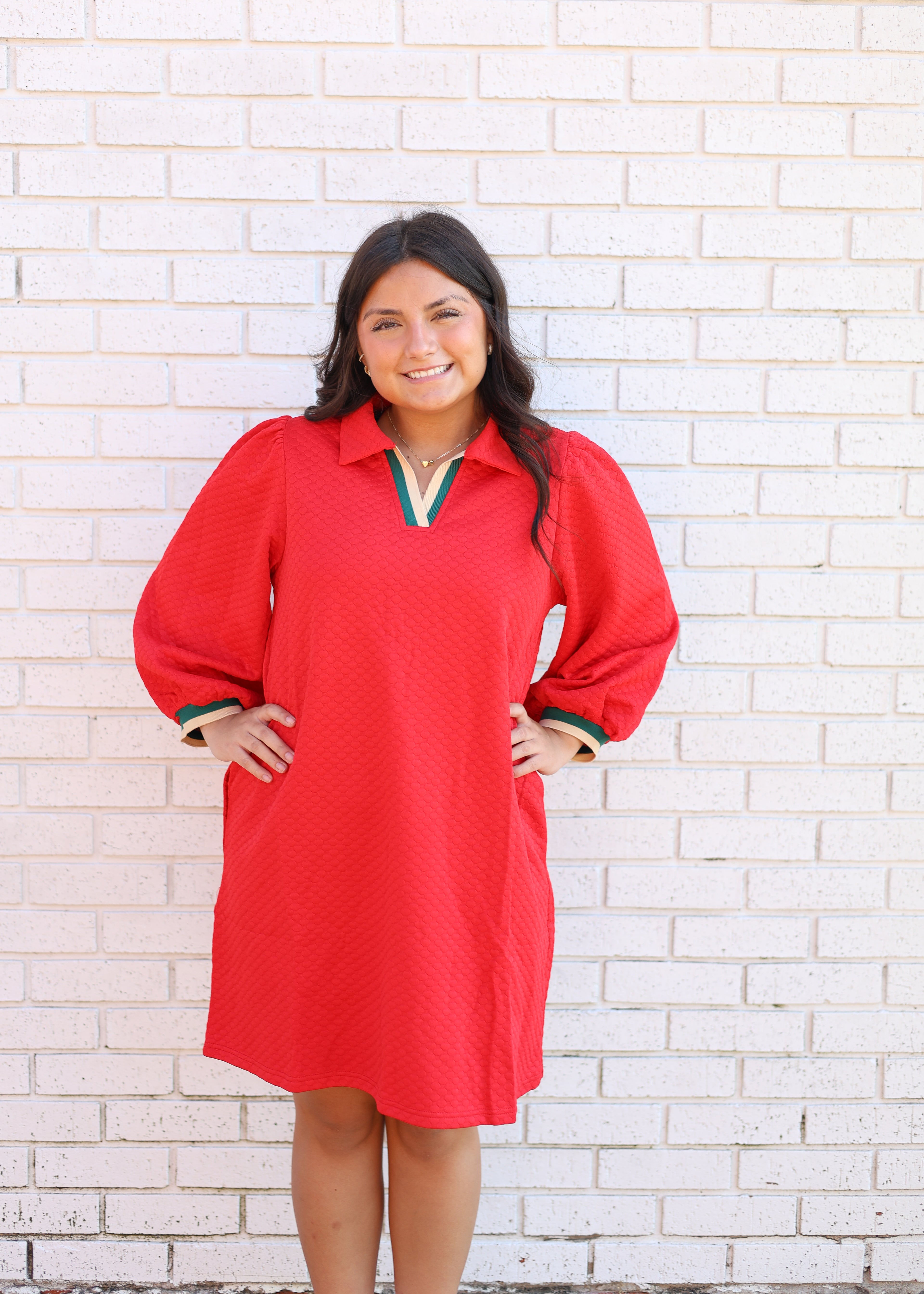 RED QUILTED 3/4 SLEEVE MINI DRESS