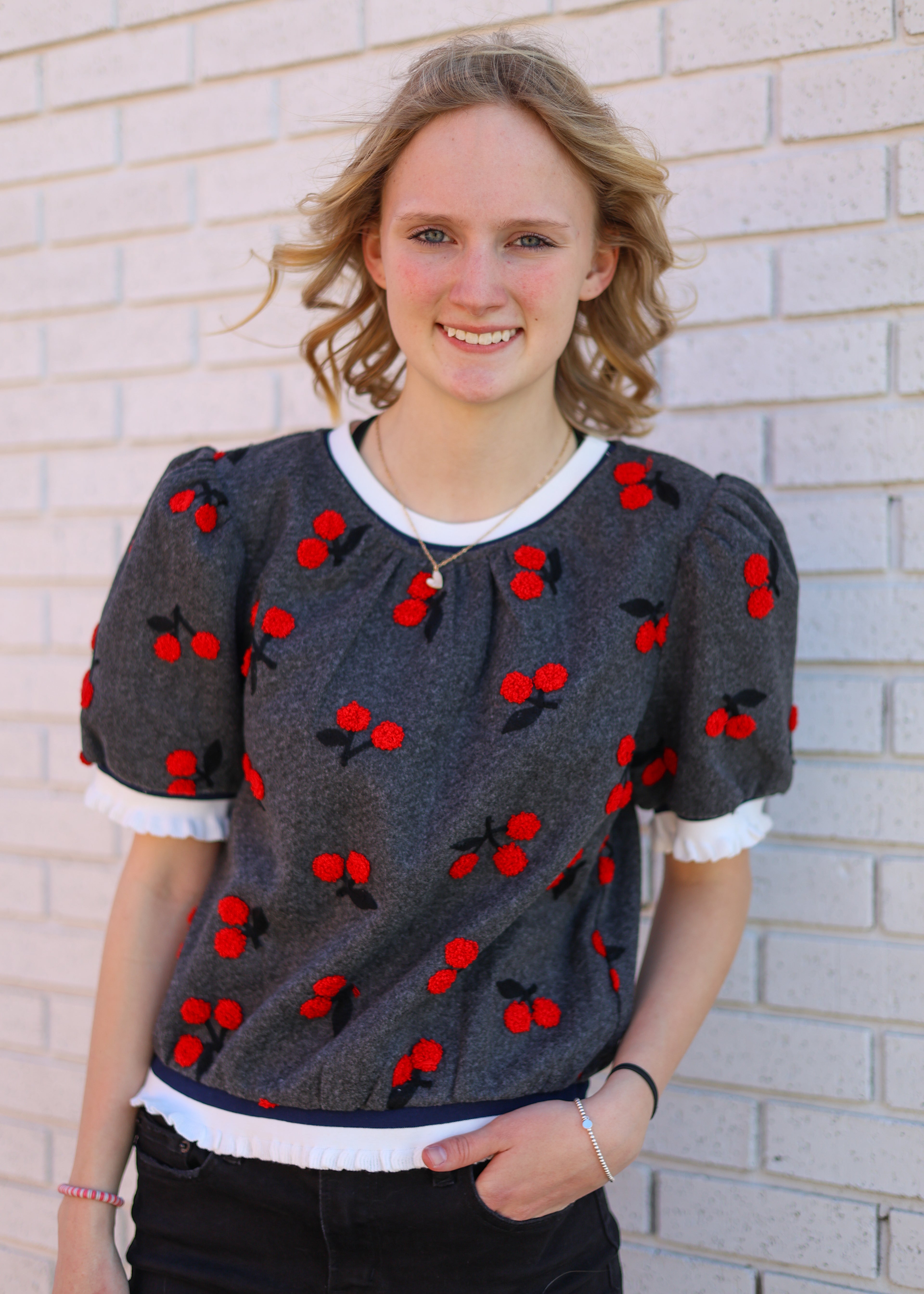 GREY CHERRY EMBROIDERED CONTRAST TOP