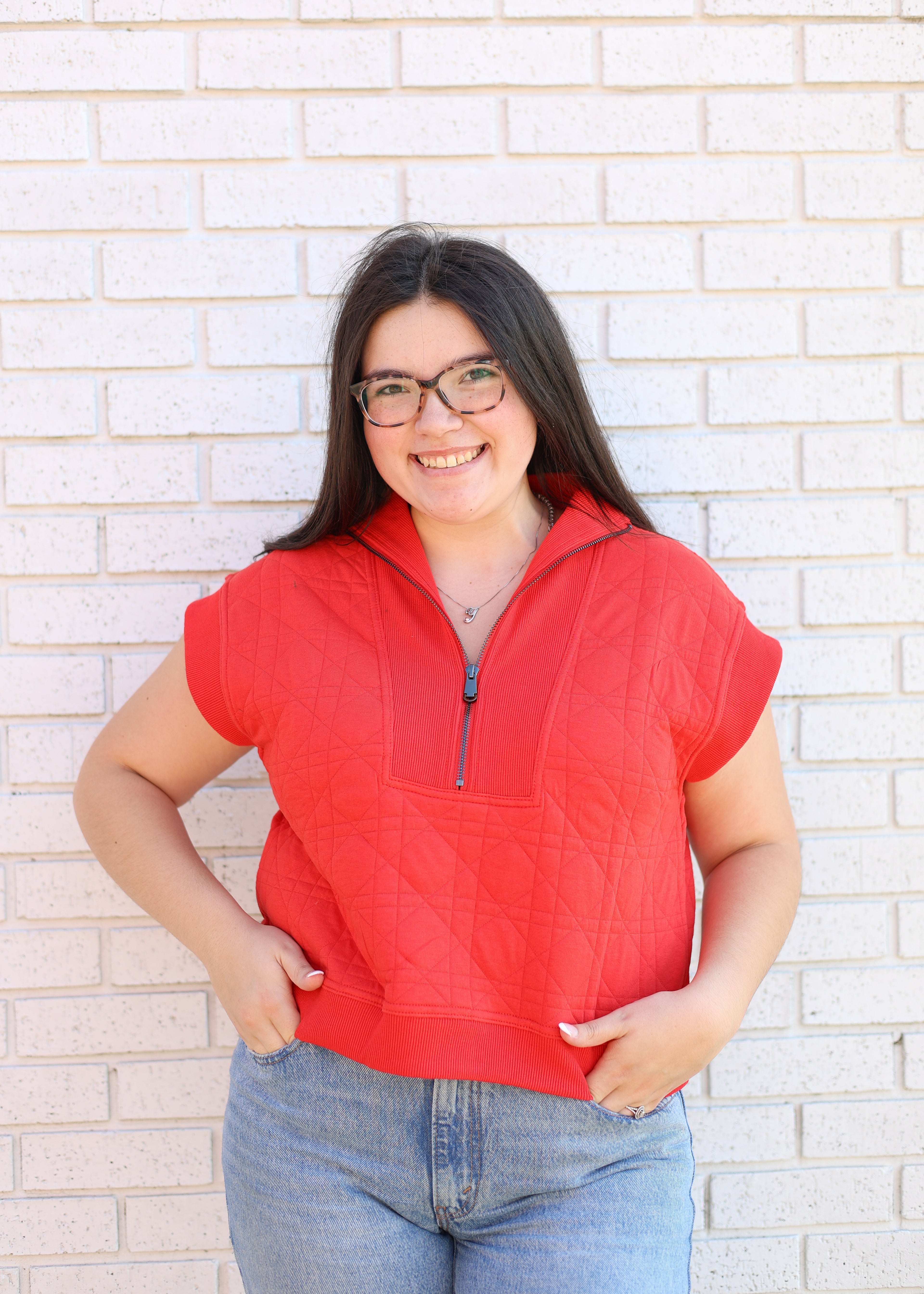 RED HALF ZIP SLEEVELESS QUILTED VEST