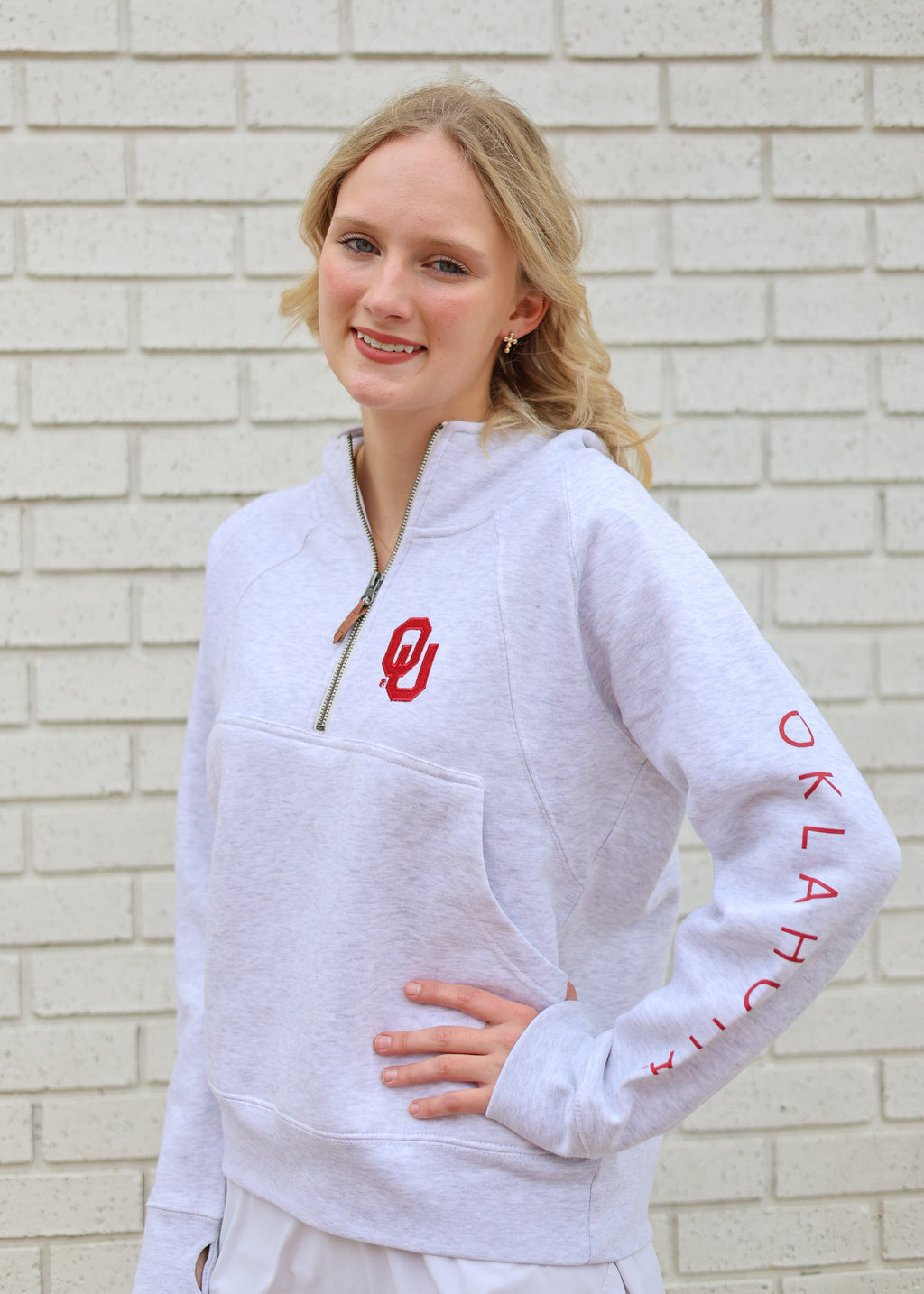 OU EMBROIDERED 1/2 ZIP HOODIE WITH POCKET