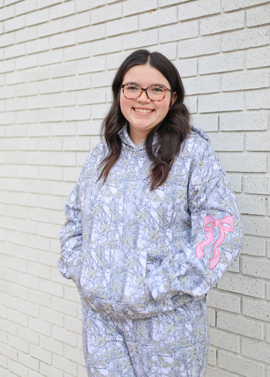 ALICE CAMO HOODIE WITH PINK BOWS