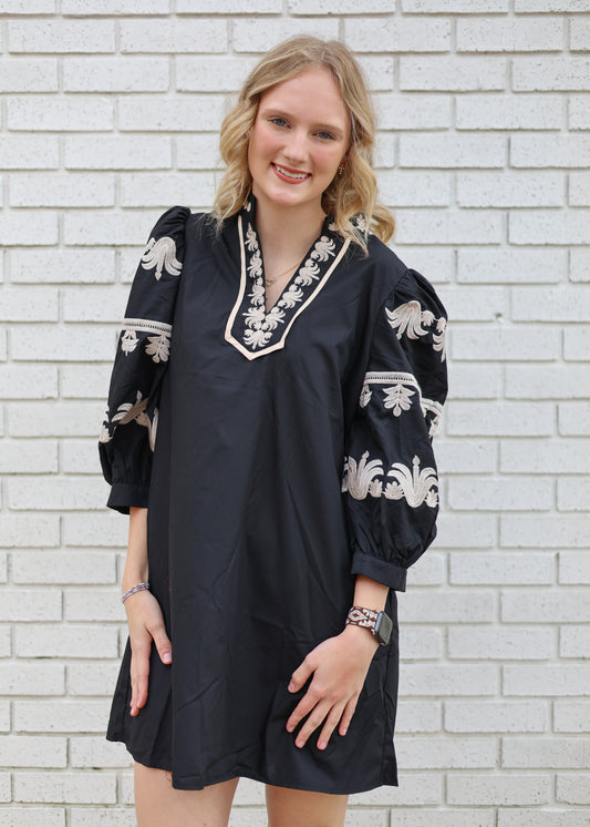 BLACK ELBOW LENGTH MINI DRESS WITH TAN FLORAL