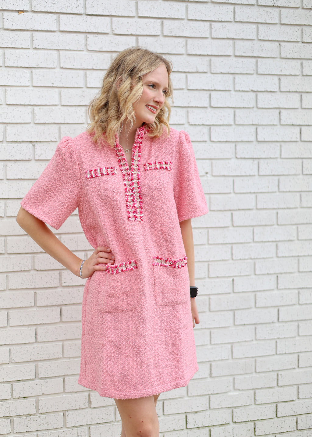 PINK TWEED TRIM DETAILED POCKET & PLACKET MINI DRESS