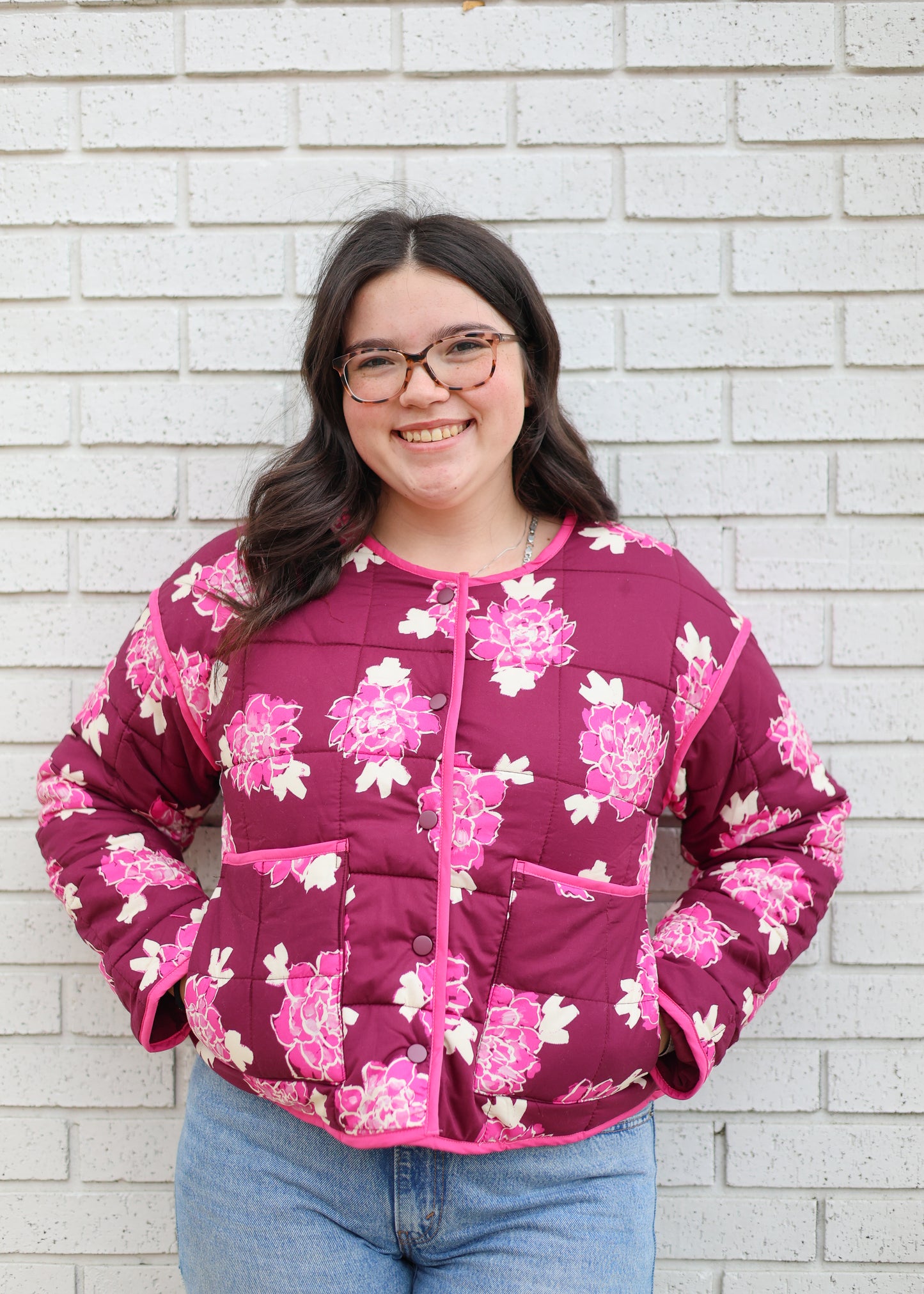 FLORAL QUILTED JACKET - WINE AND PINK