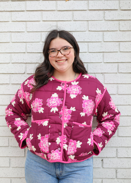 FLORAL QUILTED JACKET - WINE AND PINK