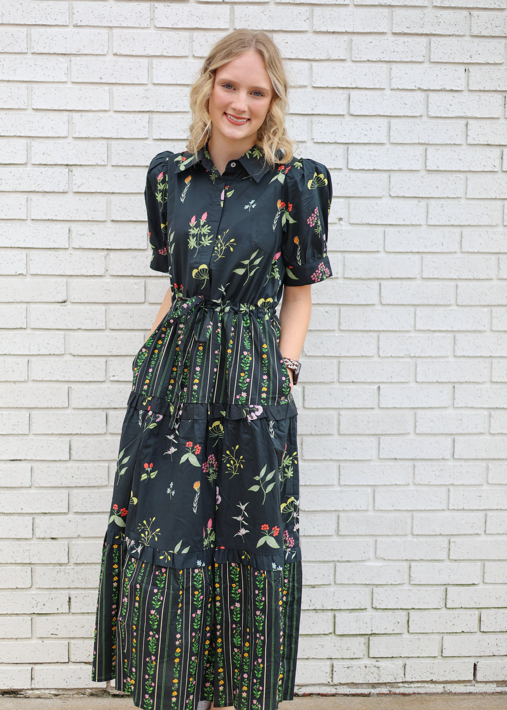 BLACK MIDI DRESS WITH MULTI BOTANICAL PRINT