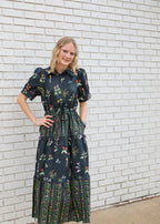 BLACK MIDI DRESS WITH MULTI BOTANICAL PRINT