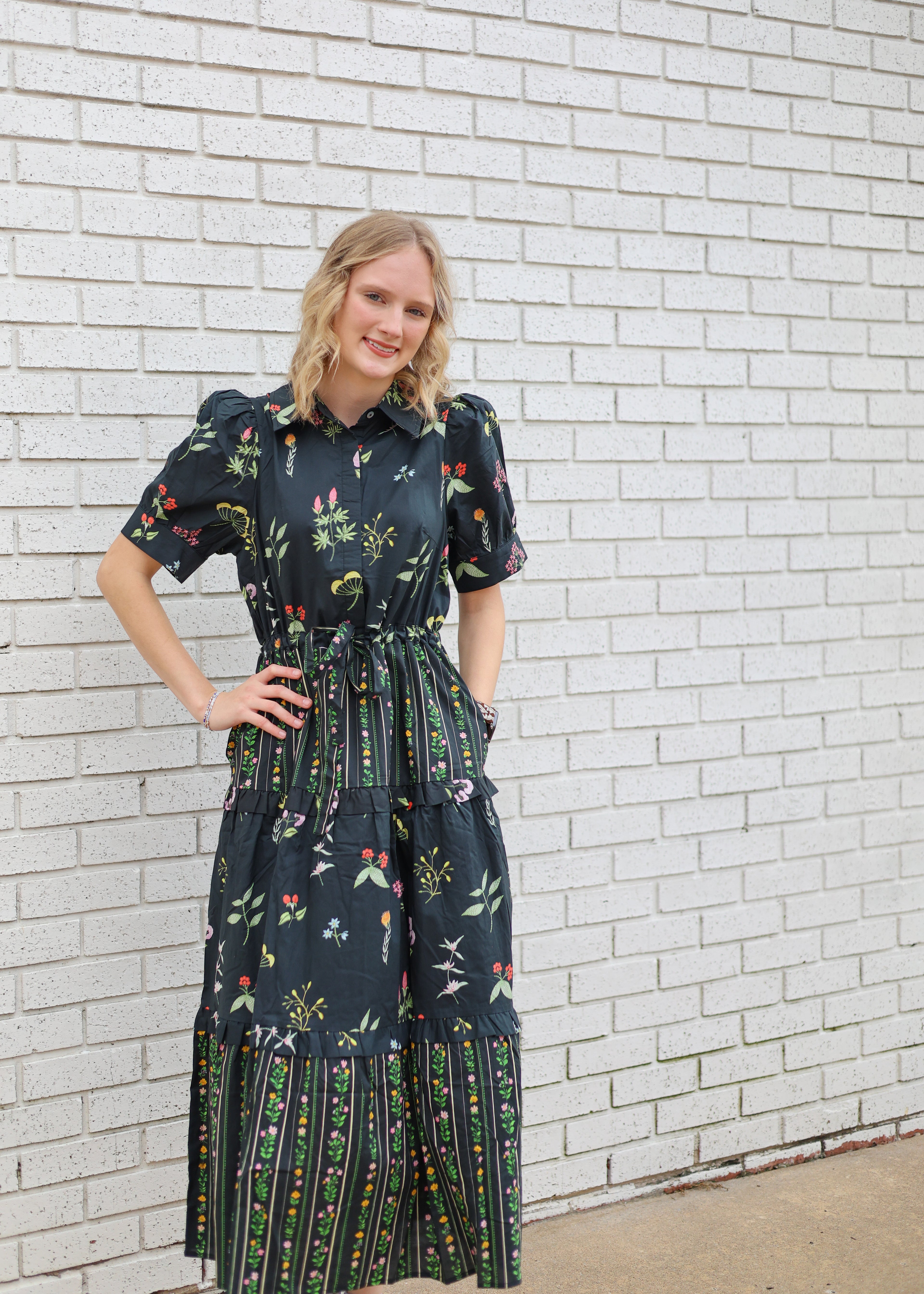 BLACK MIDI DRESS WITH MULTI BOTANICAL PRINT
