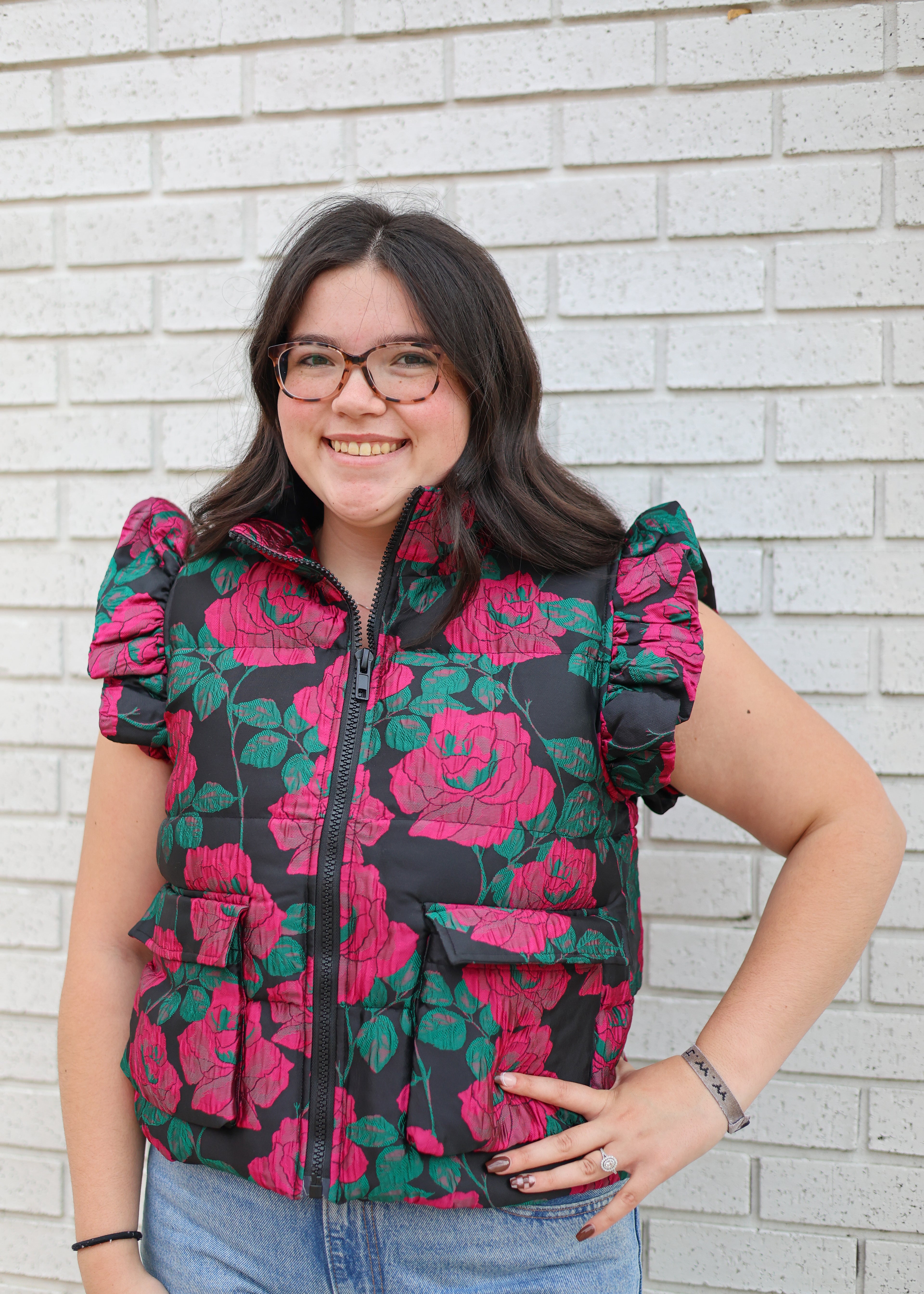 BLACK WITH PINK JACQUARD FLORAL PUFFER VEST