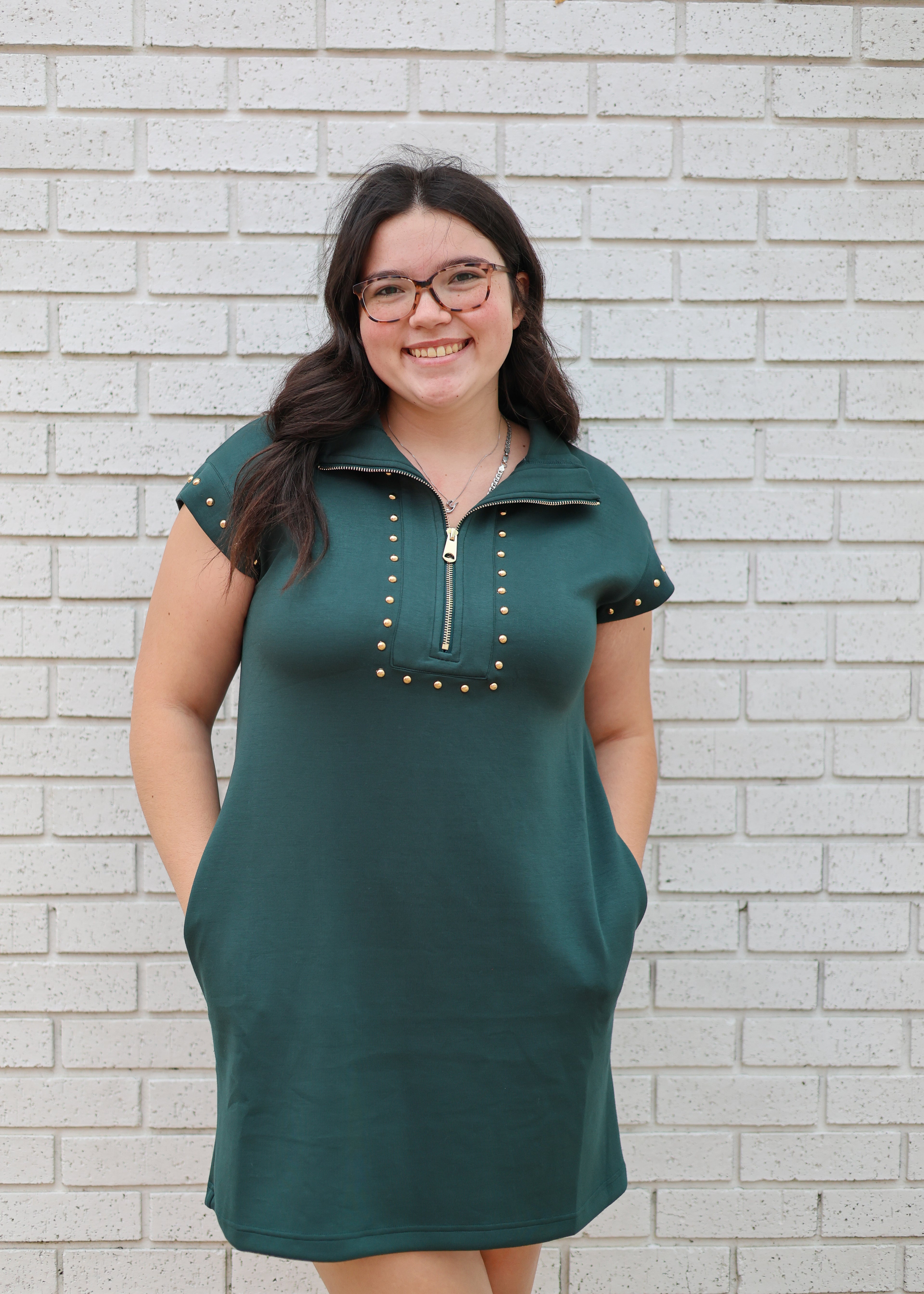 GREEN CAP SLEEVE MINI DRESS WITH GOLD STUDS