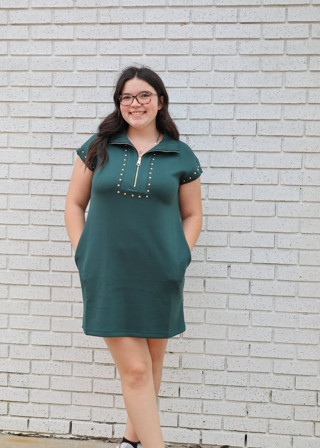 GREEN CAP SLEEVE MINI DRESS WITH GOLD STUDS