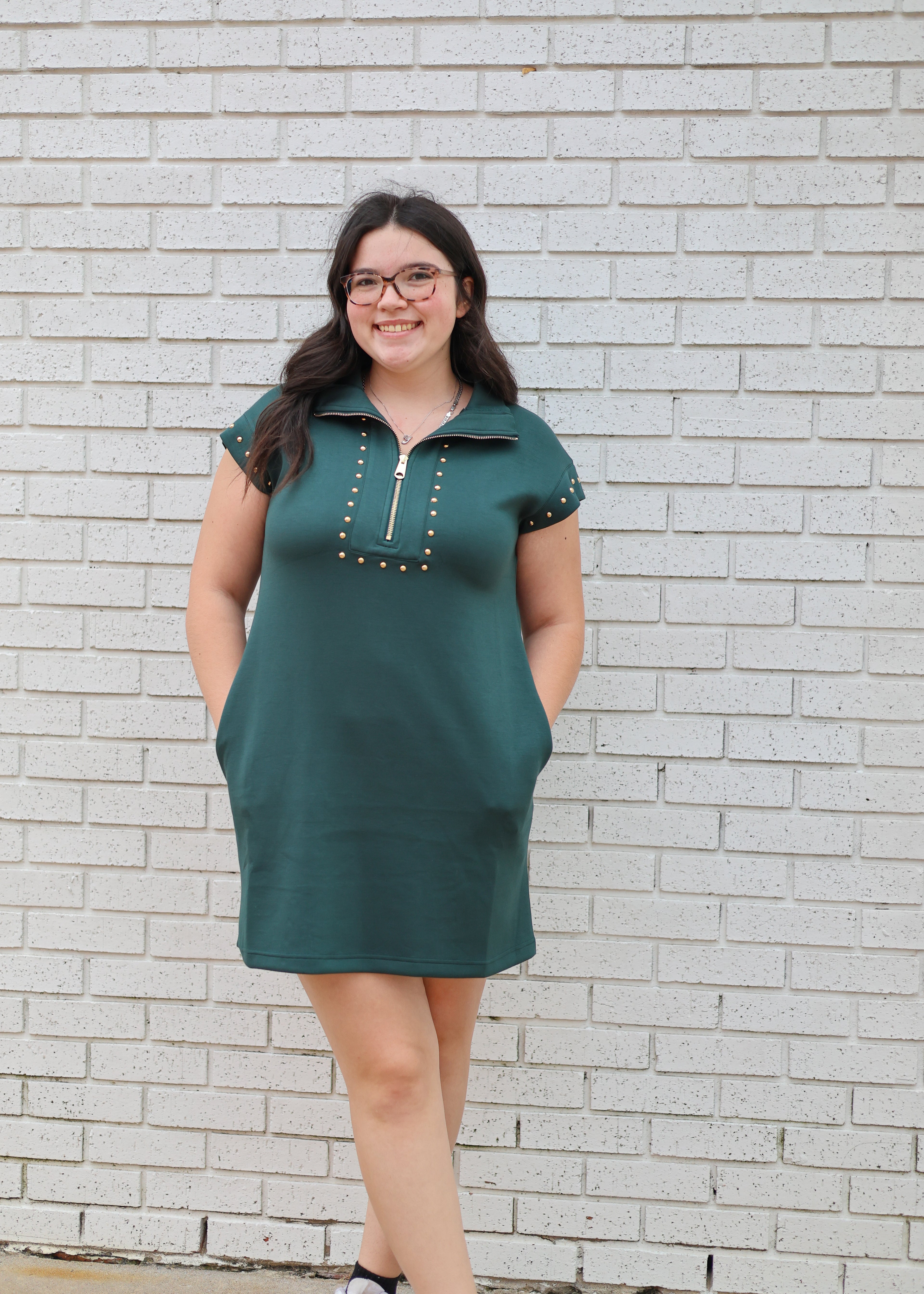 GREEN CAP SLEEVE MINI DRESS WITH GOLD STUDS