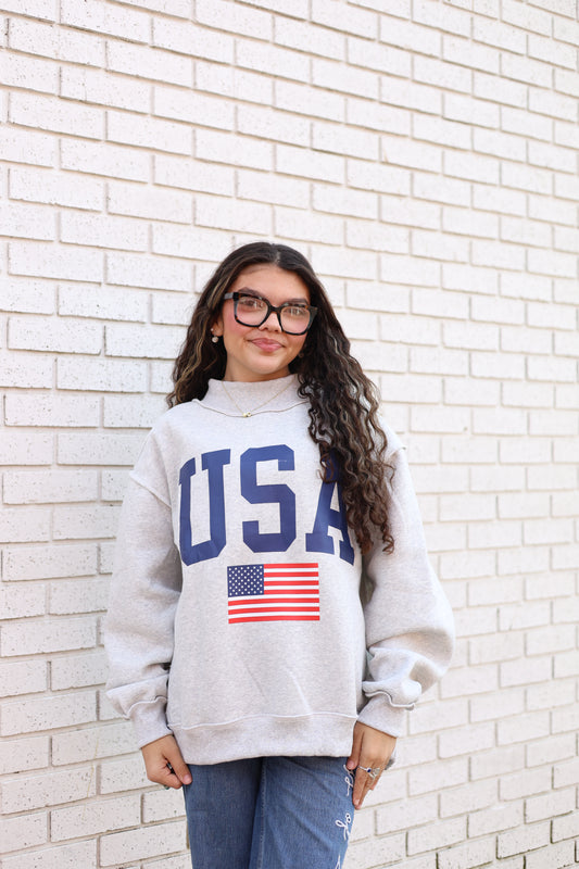 VINTAGE USA/AMERICA REVERSIBLE MOCKNECK SWEATSHIRT HEATHER GRAY