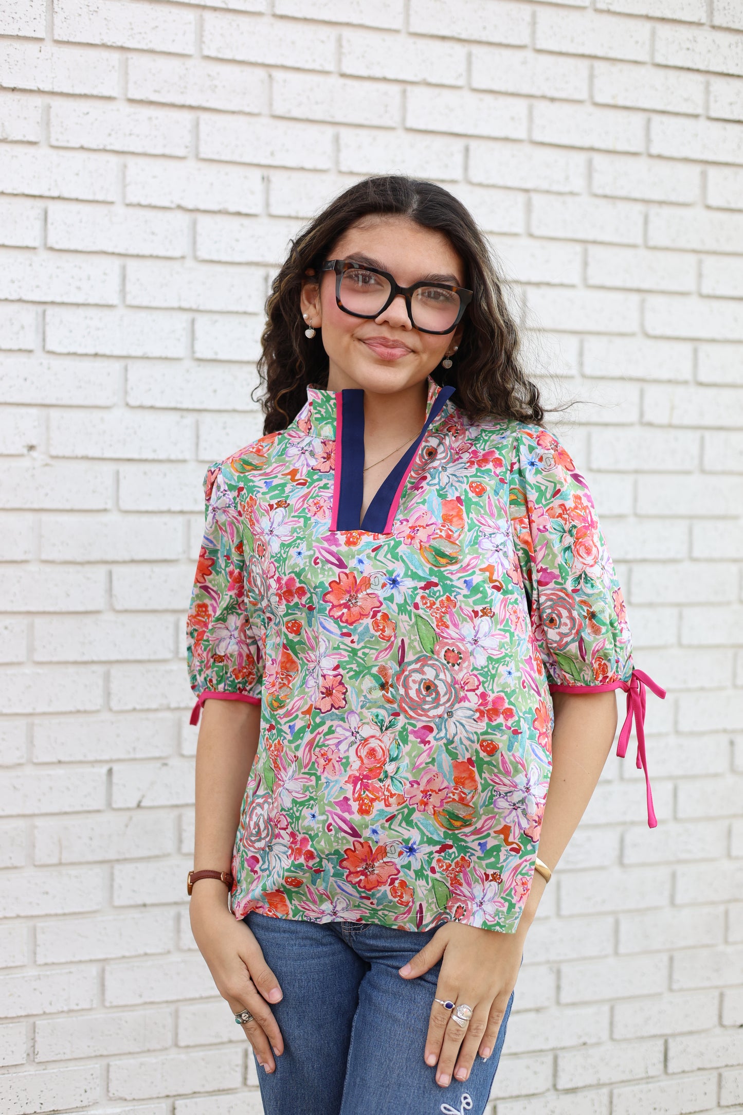 PINK CONTRAST QUARTER PLACKET SELF TIE FLORAL TOP