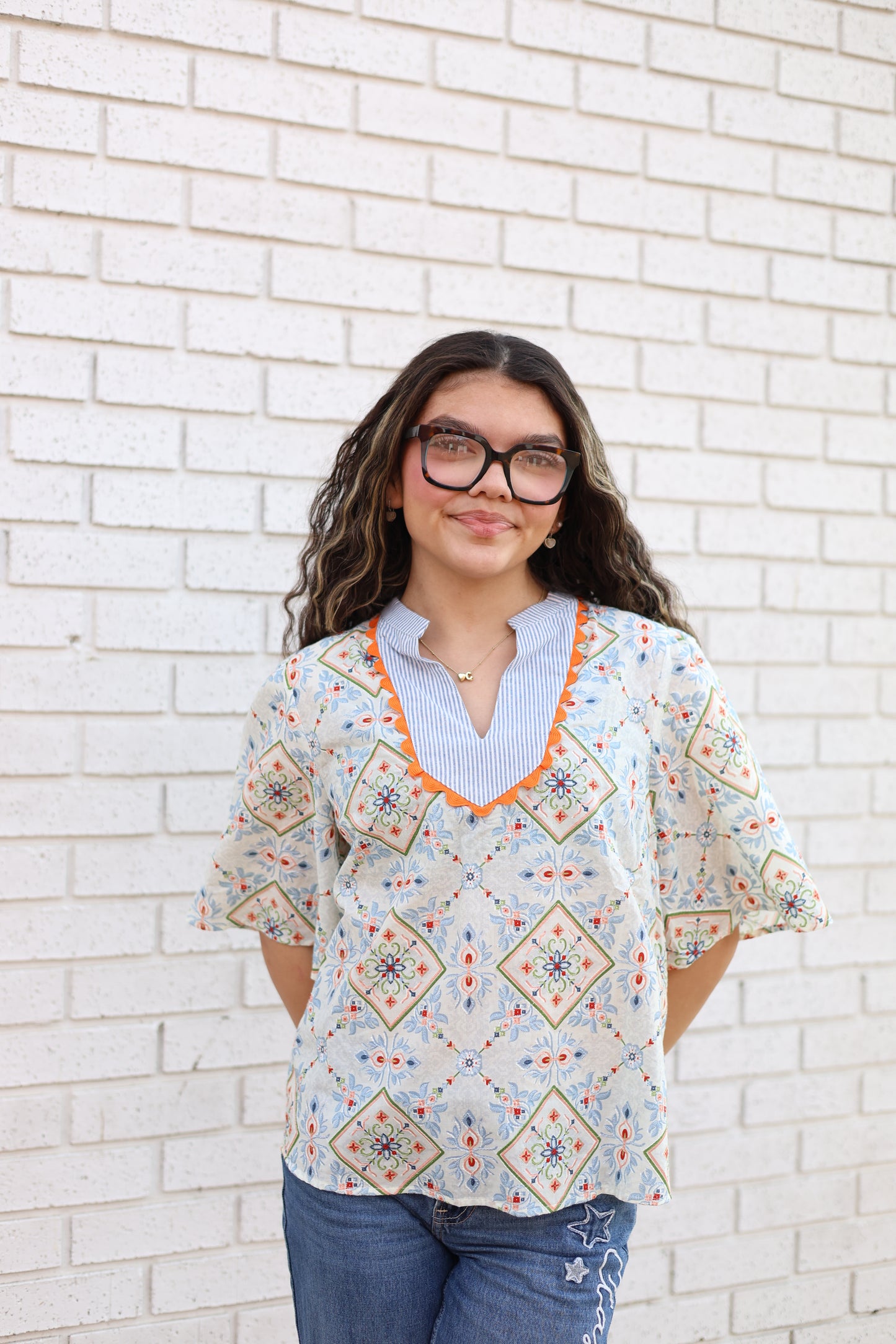 WAVE TRIM SLATE BLUE STRIPED YOKE EMBROIDERY AND PRINTED TOP