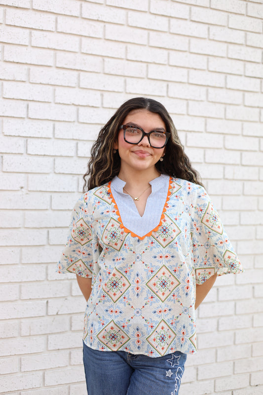 WAVE TRIM SLATE BLUE STRIPED YOKE EMBROIDERY AND PRINTED TOP